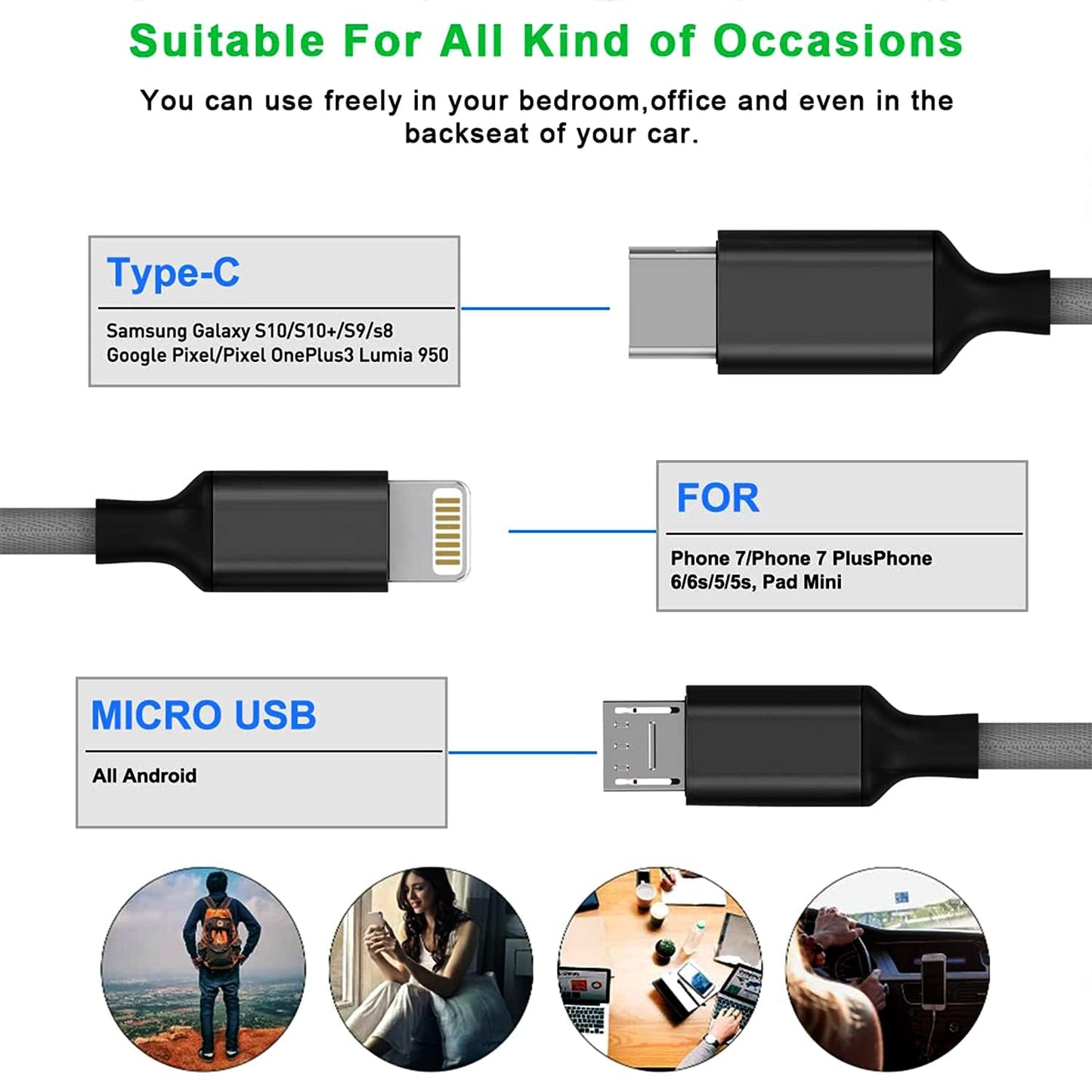 3 in 1 Multi Charging Cable with USB to Micro, USB Type C, Light-ning Pin
