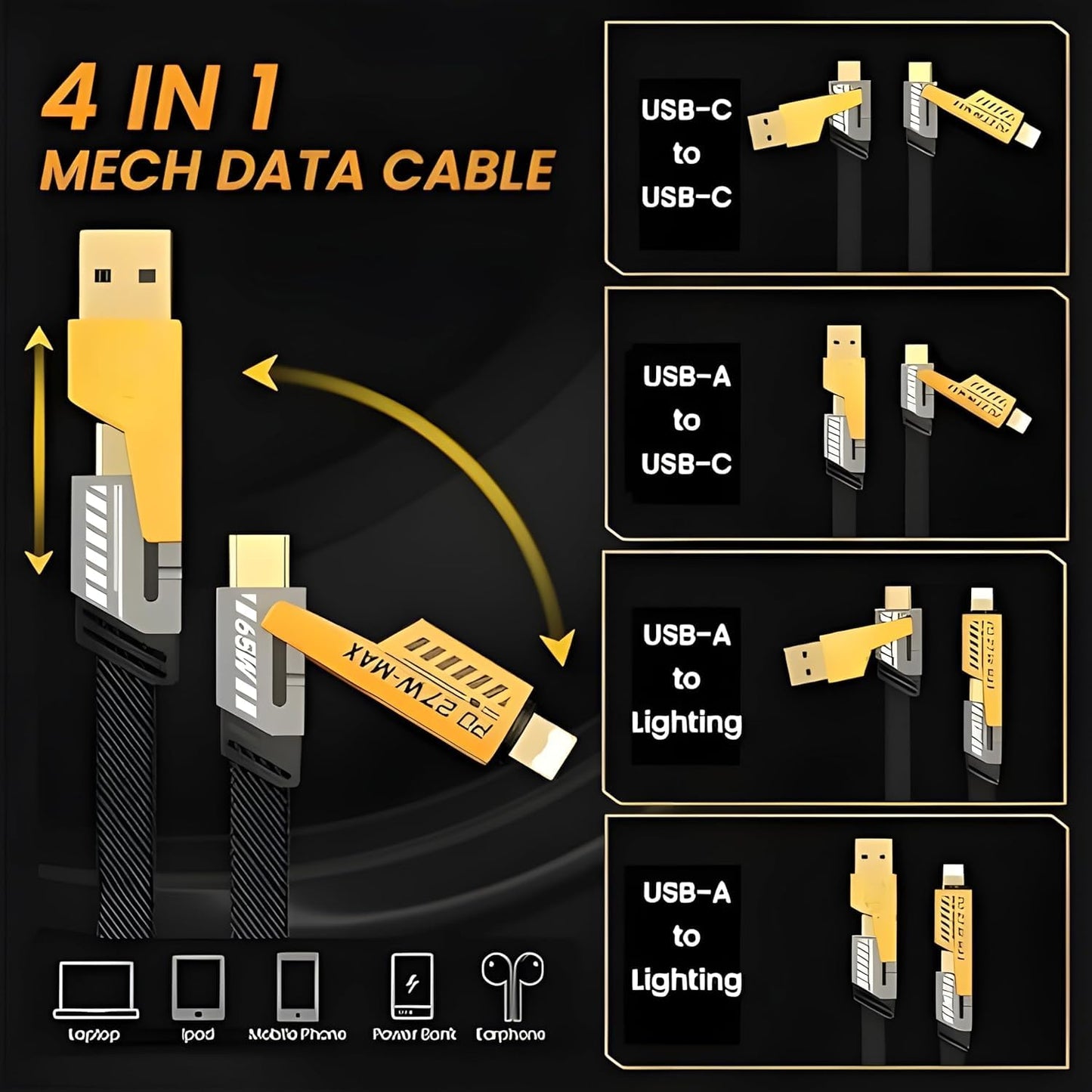 65W 4 in 1 Multi Function Braided Fast Charging Cable with Lightning to USB-C, Type C-C, Ligthning to USB