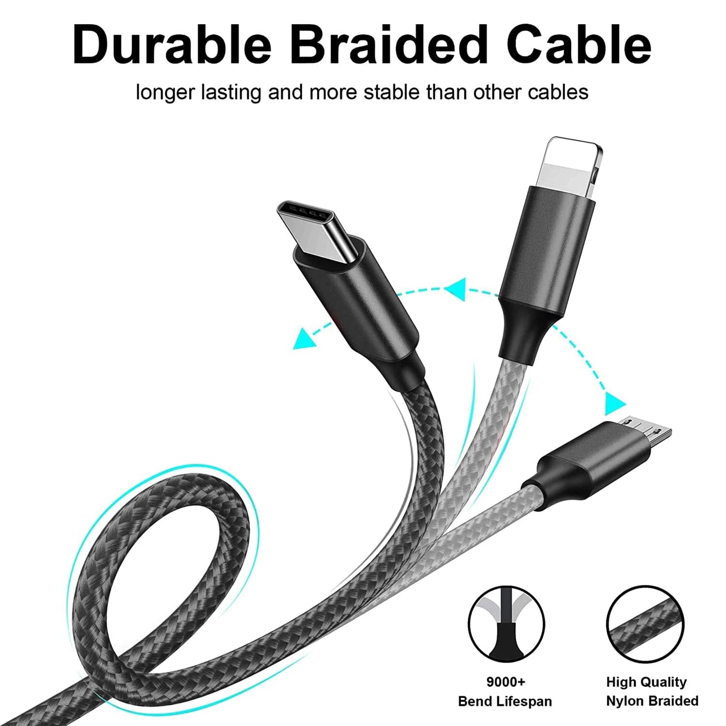 3 in 1 Multi Charging Cable with USB to Micro, USB Type C, Light-ning Pin
