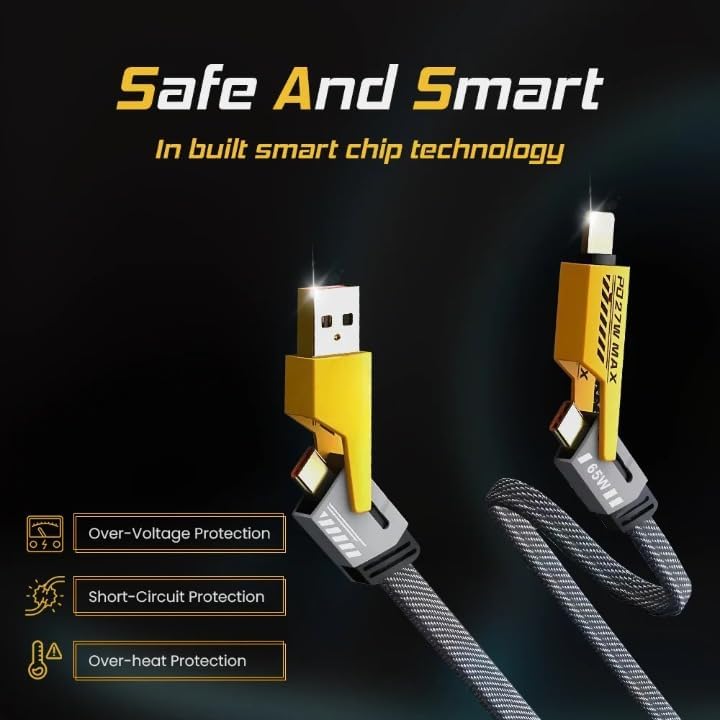 65W 4 in 1 Multi Function Braided Fast Charging Cable with Lightning to USB-C, Type C-C, Ligthning to USB