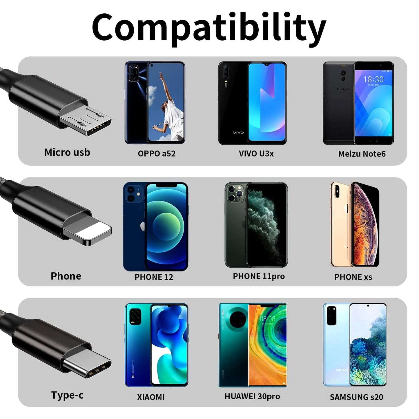 3 in 1 Multi Charging Cable with USB to Micro, USB Type C, Light-ning Pin